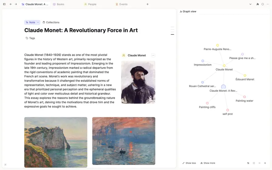 Daily note view with connected objects visible in the graph sidebar