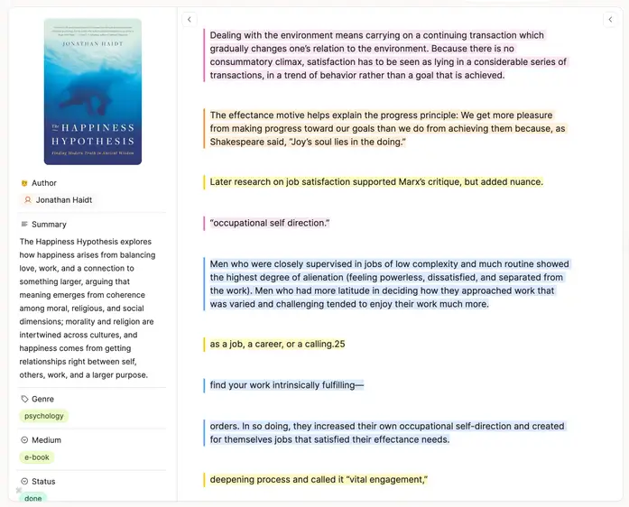Book object with Kindle highlights organized by chapter