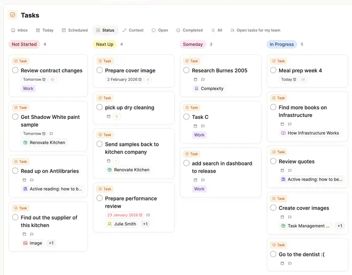 Task dashboard with Kanban view and linked project context