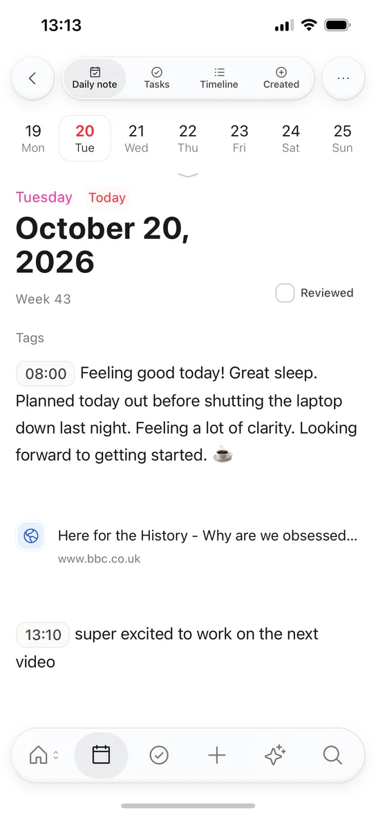 Today’s daily note on a phone, with goals and a morning routine checklist