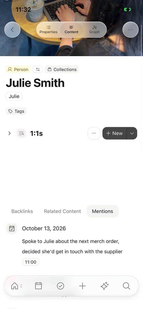 A person page for Julie Smith, with her photo and two linked meeting notes in Mentions