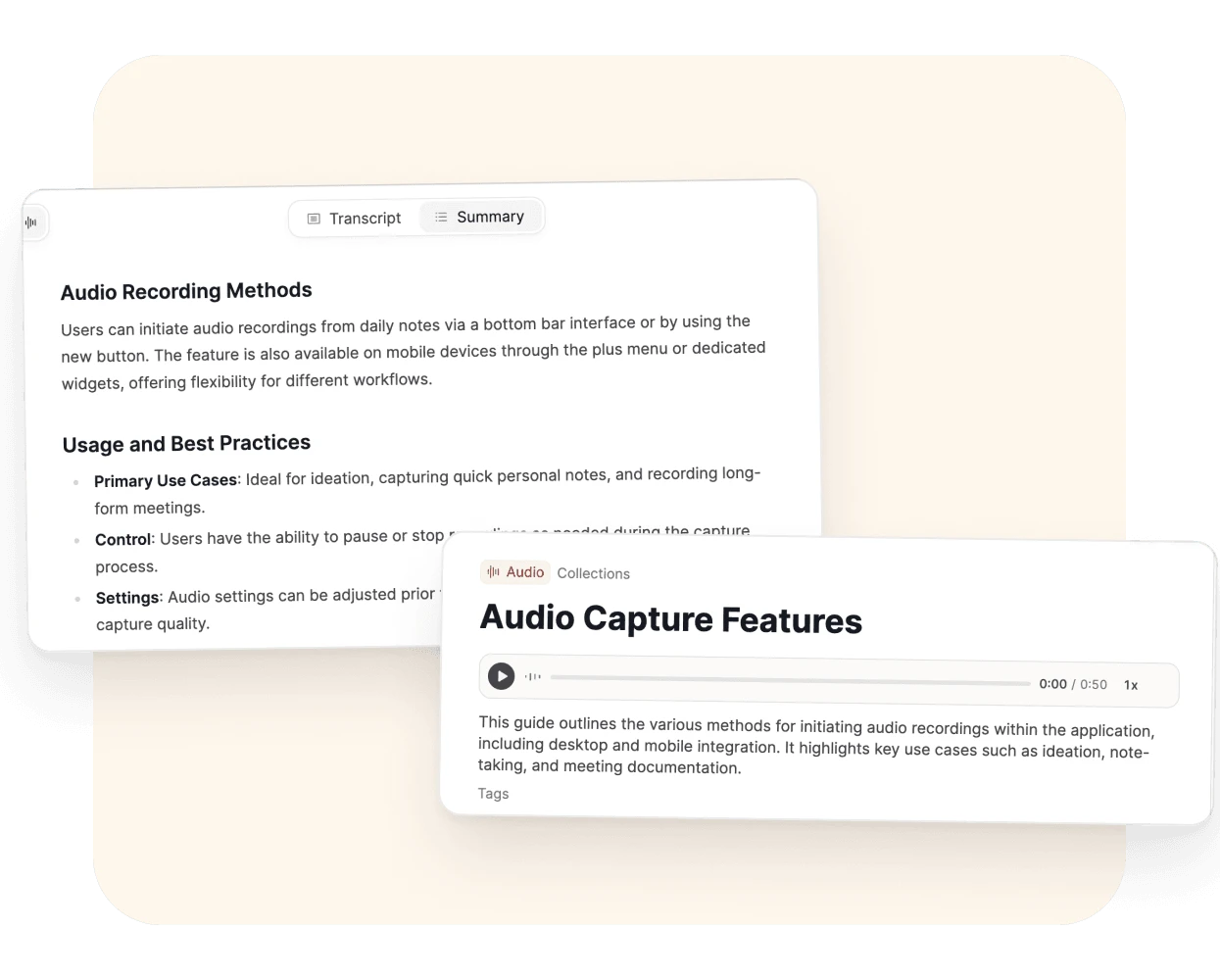 An audio summary, and the audio page with its player and description