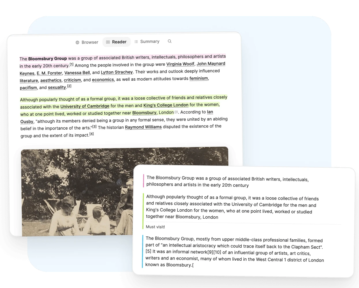A saved article in reader view with highlights, and its weblink page with your notes