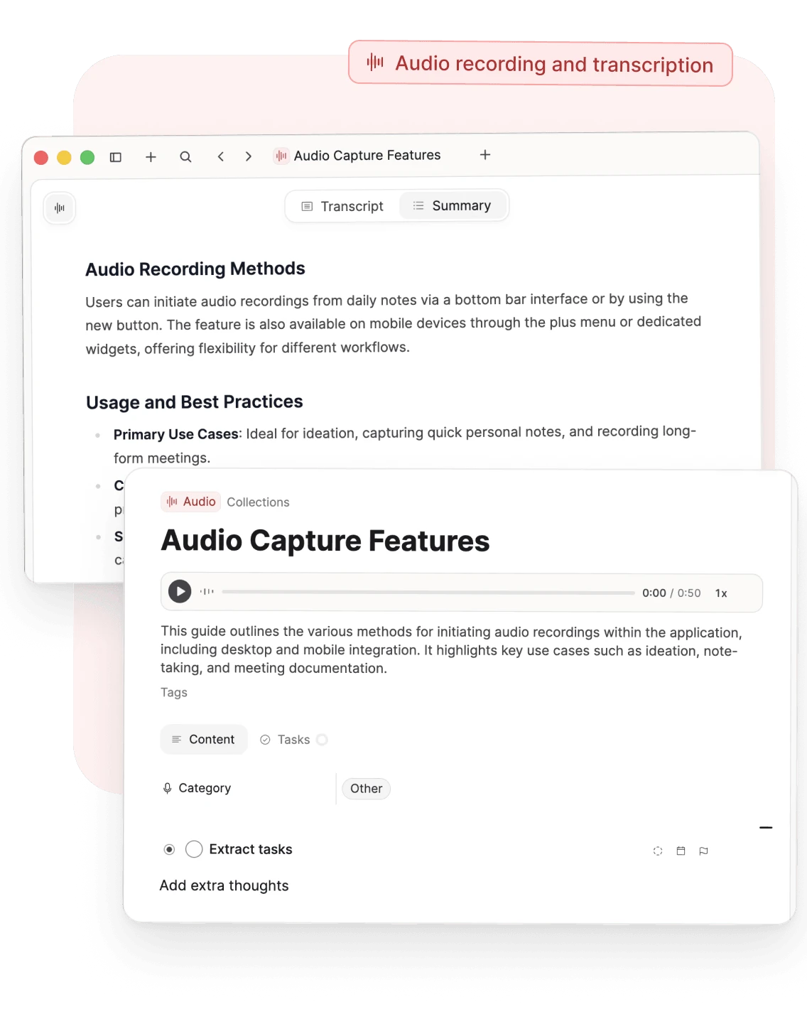 An audio summary, and the audio page with its player and description