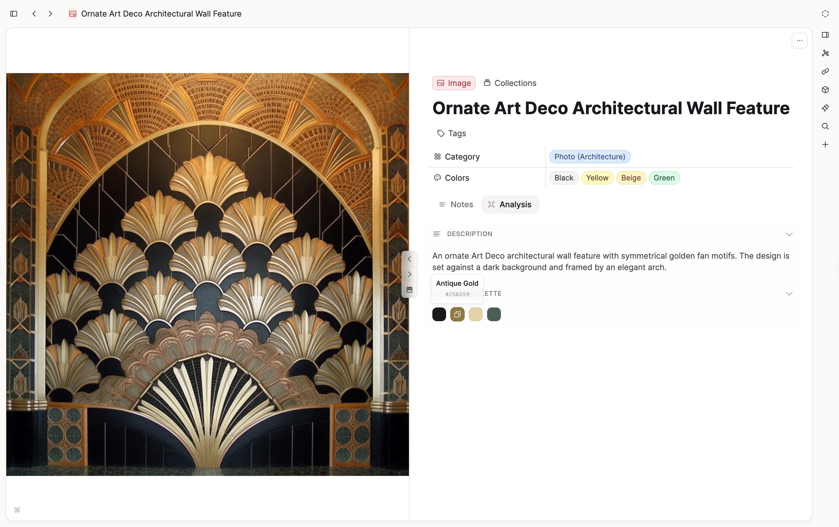 Image analysis results with description, extracted text, and color palette