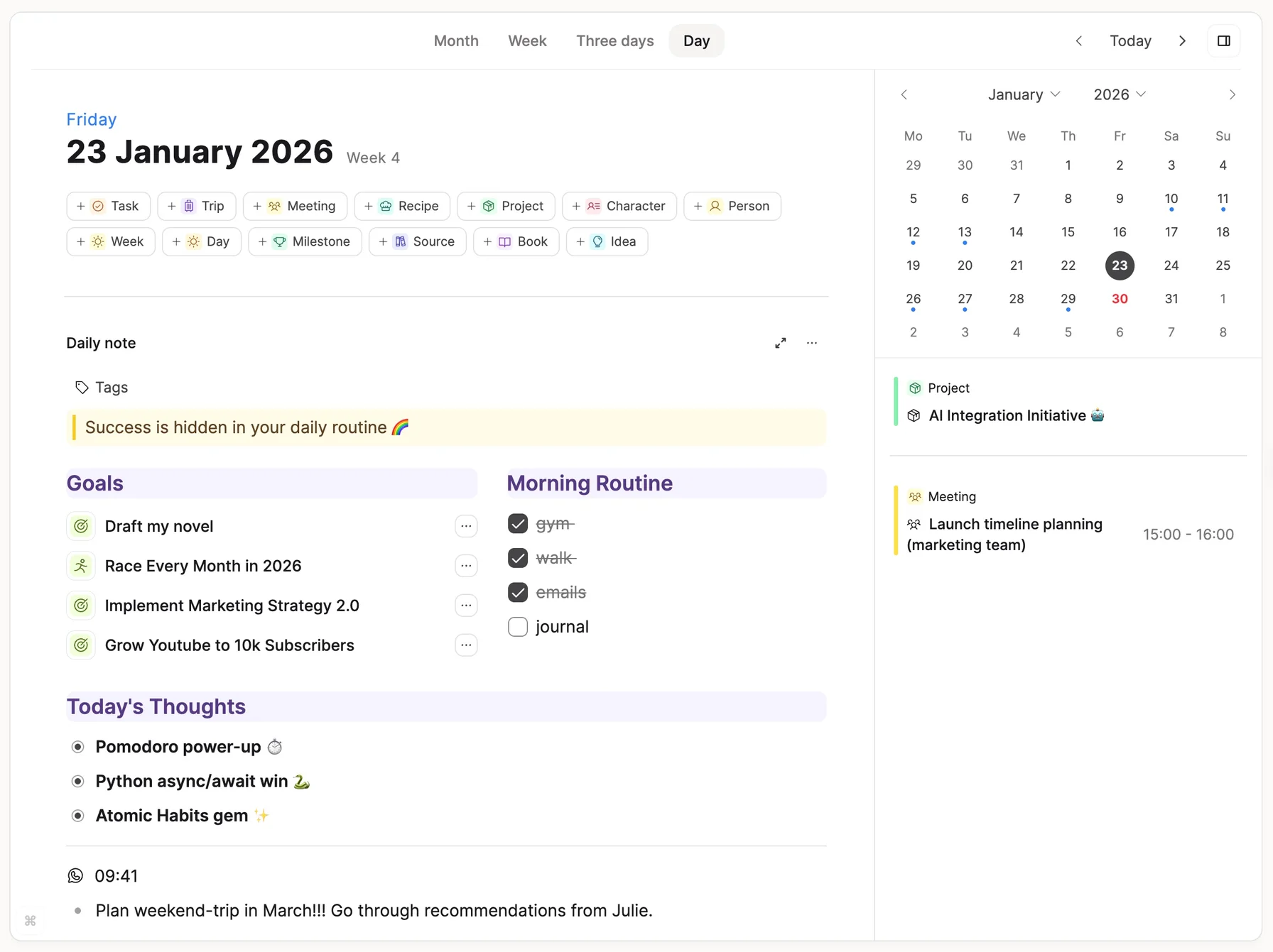 Daily note with today’s thoughts, quick-add object buttons, and linked projects in the sidebar