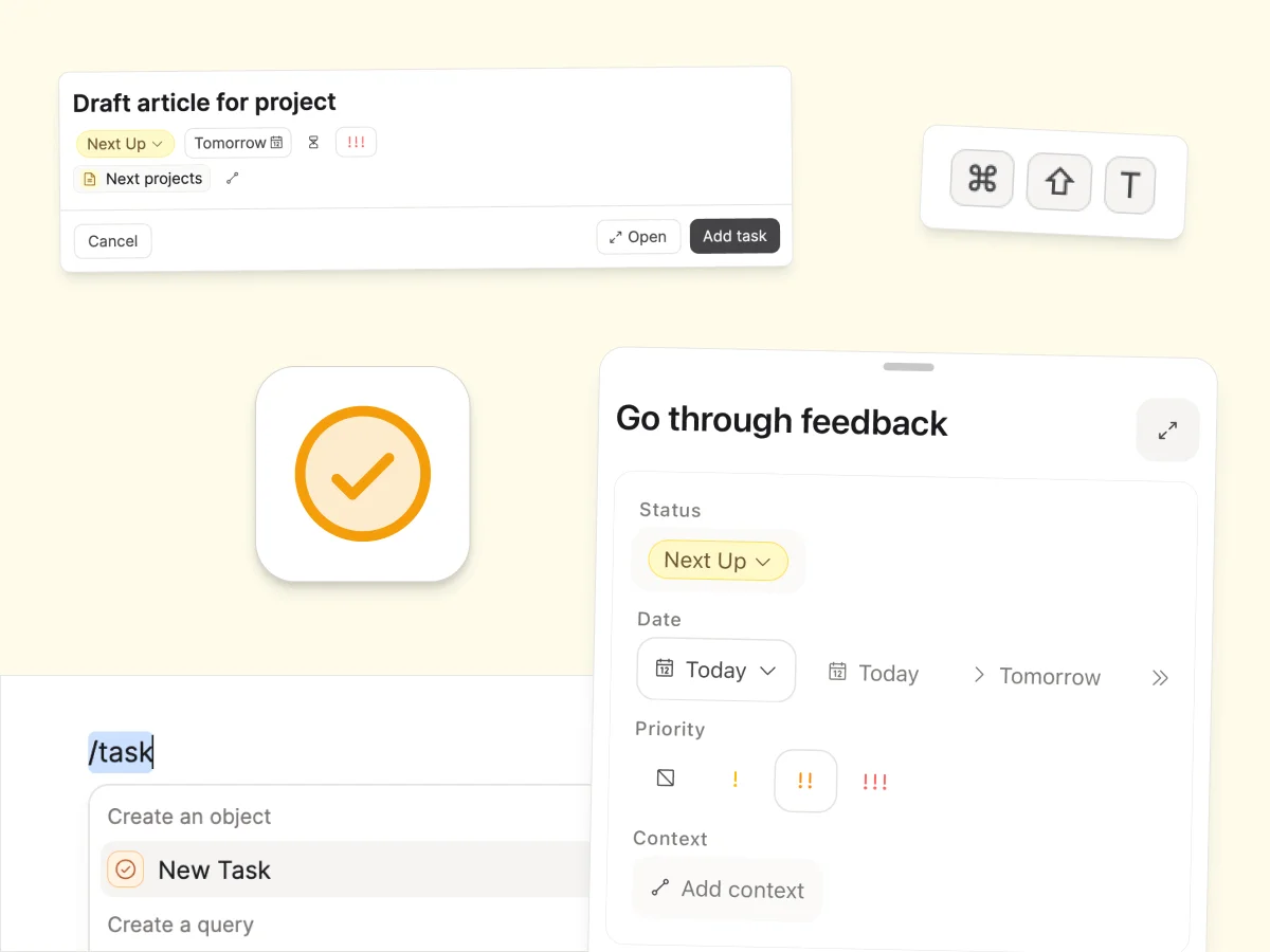 Four ways to capture a task in Capacities: slash command, global shortcut, sidebar plus button, mobile long-press