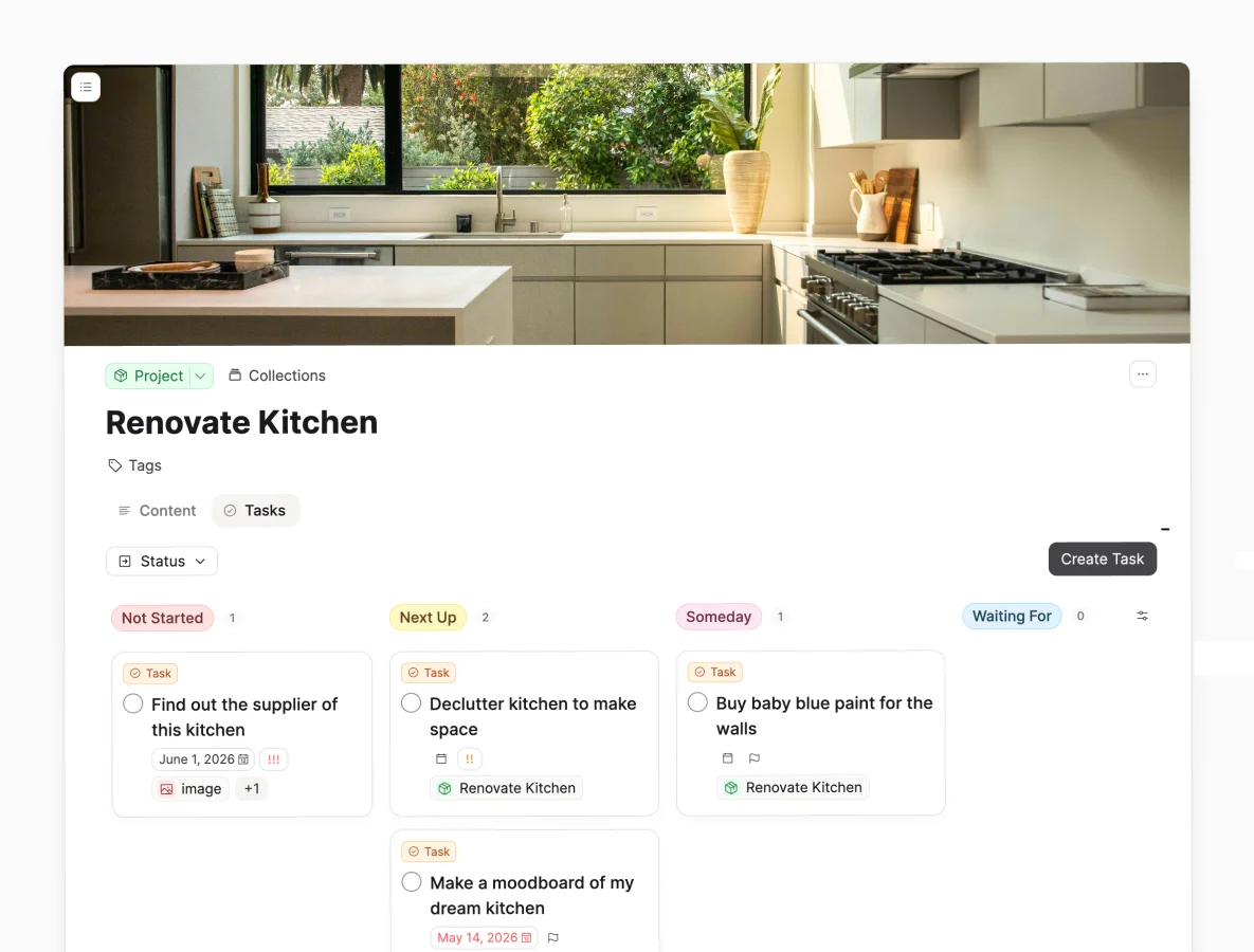A project page with its Tasks tab open, showing a Status Kanban board with tasks linked to the project