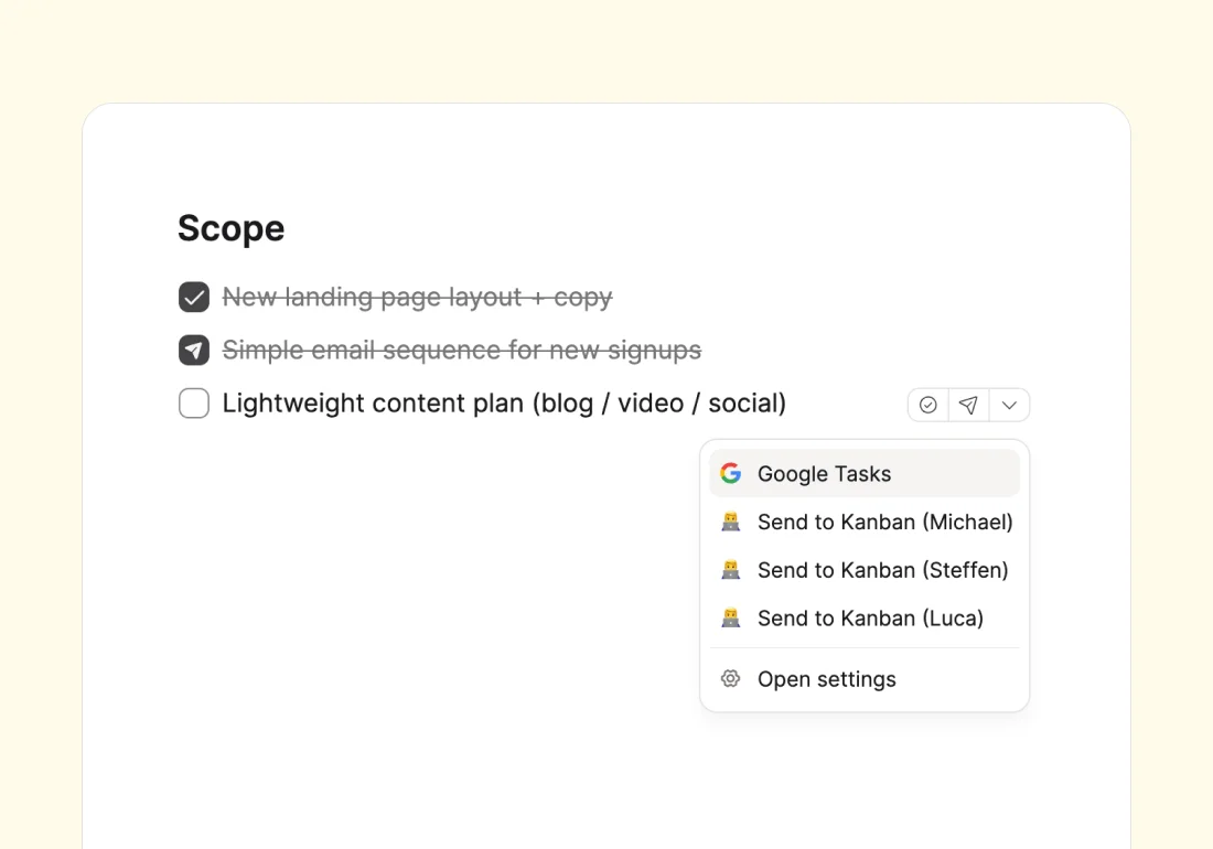 An open task with the Task Actions menu, showing options to send the task to Todoist, Things, TickTick, Apple Reminders, or Google Tasks