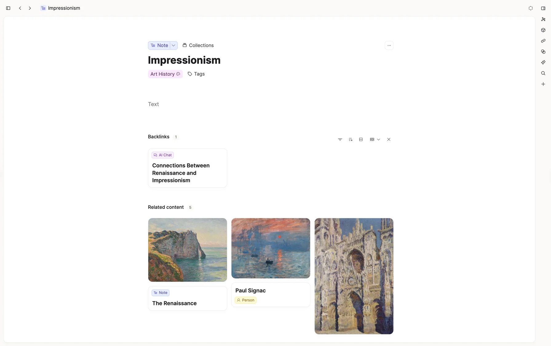 Impressionism page with backlinks and related content cards for artists and related notes