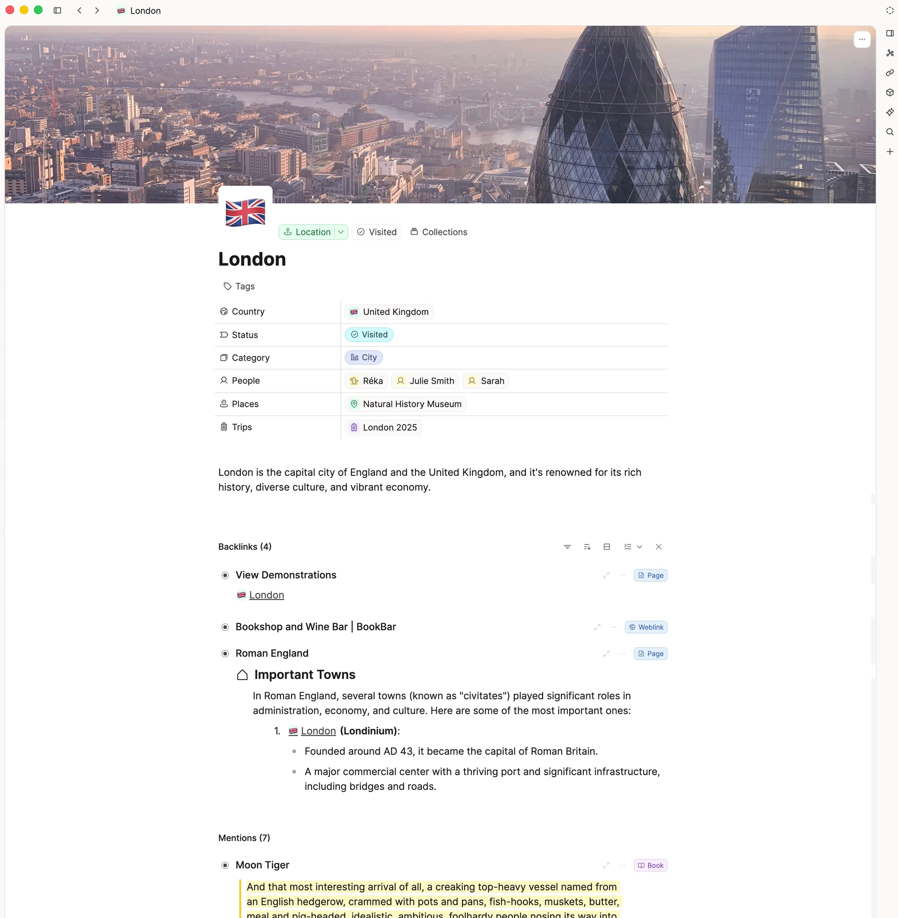 London object with backlinks and unlinked mentions from books, trips, and other notes