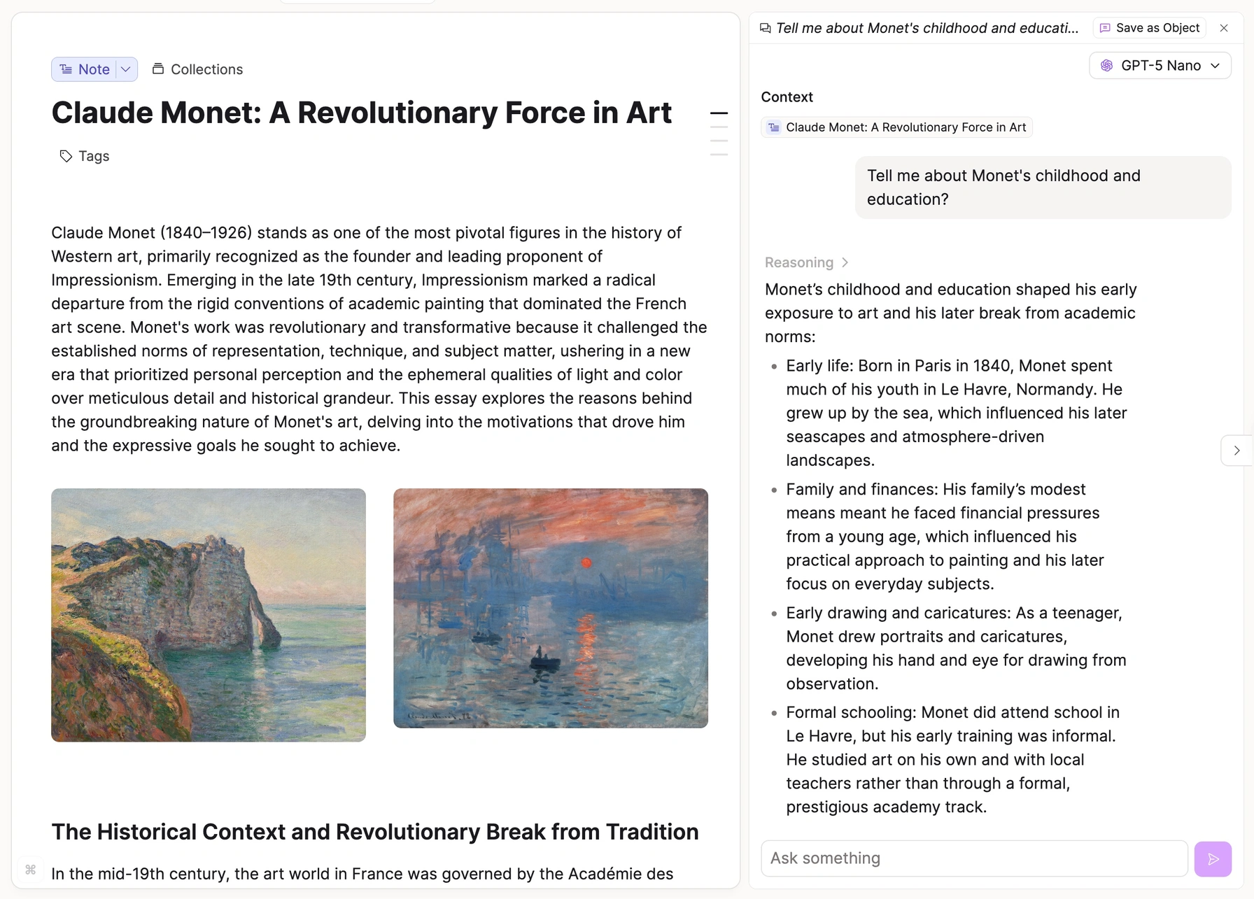A note about Claude Monet open beside the Capacities AI chat, with a Save as Object button