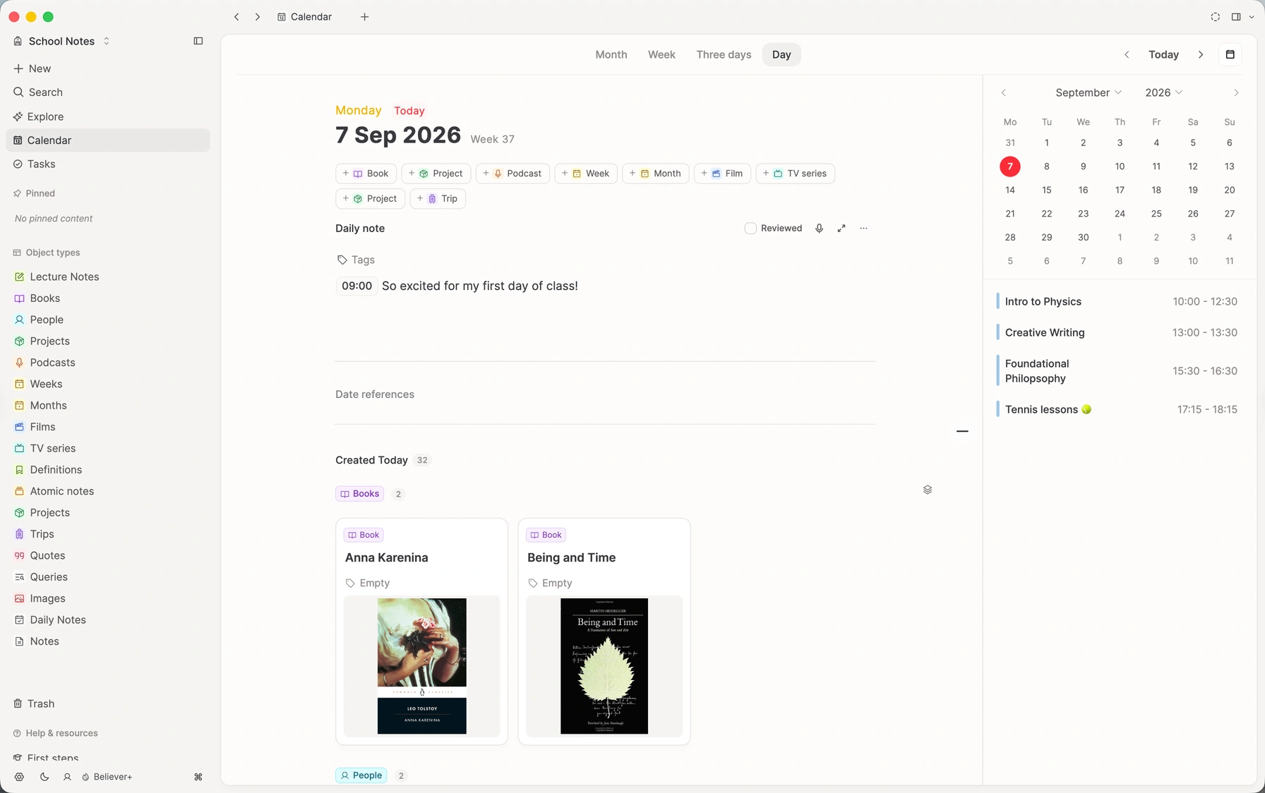 School Notes day view with a class timetable — Intro to Physics, Creative Writing, Foundational Philosophy, and tennis