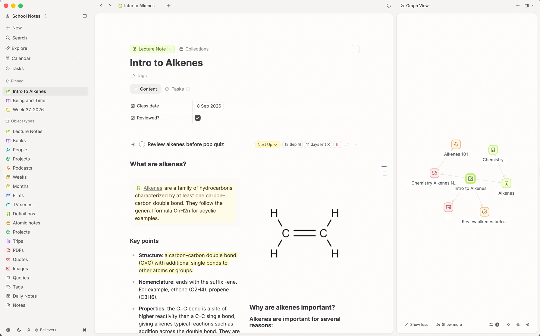 Intro to Alkenes lecture note beside graph view, with connected tags, a PDF, and a review task