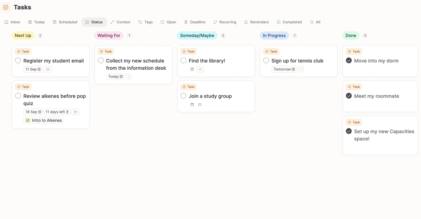 Task board grouped by status — Next Up, Waiting For, Someday, In Progress, and Done — with student tasks like reviewing alkenes and moving into a dorm