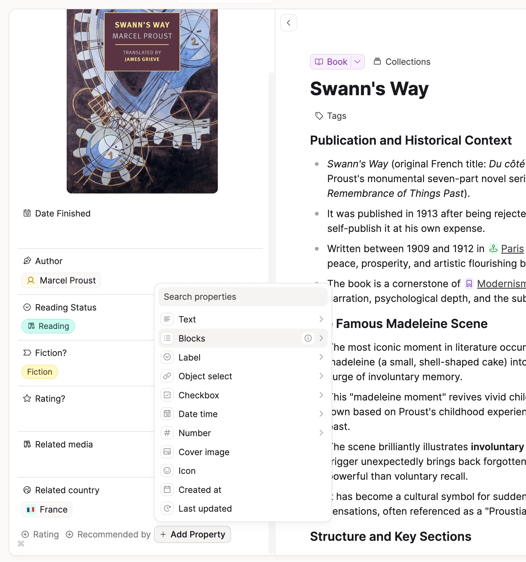 A Book object with its own properties: author, genre, and reading status