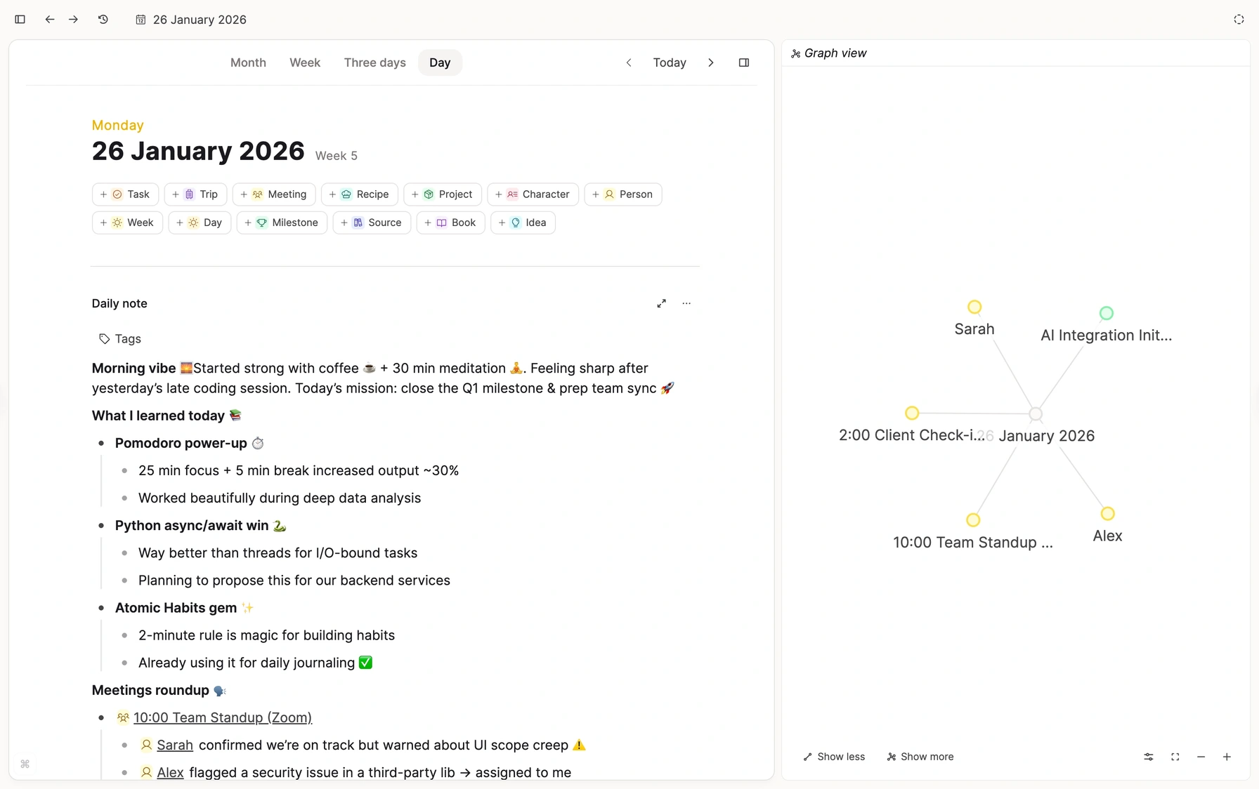 Daily note beside graph view, with people, meetings, and projects linked from the day’s capture