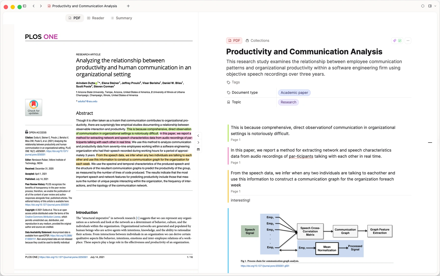 PDF of a research paper with coloured highlights next to notes that collect those highlights