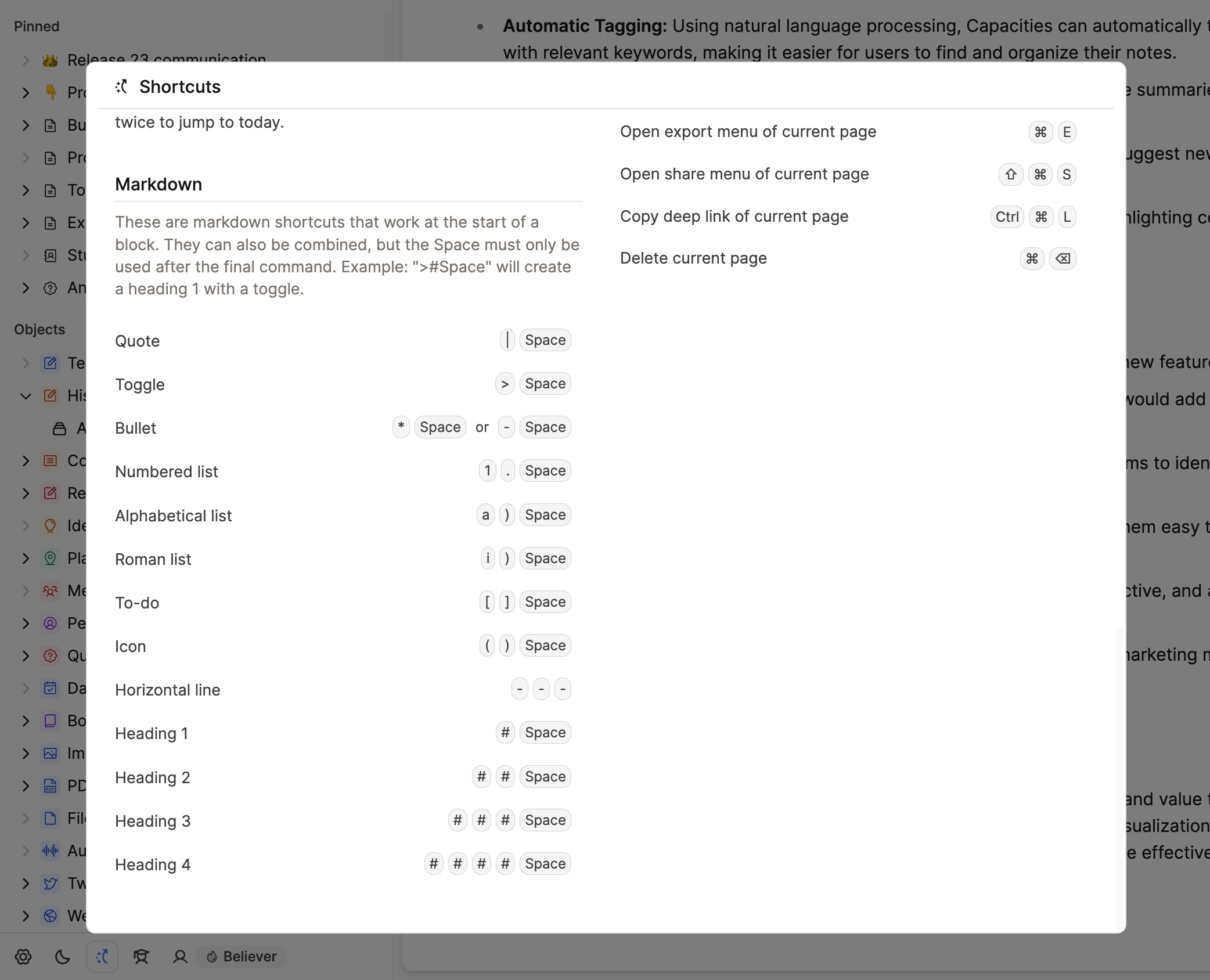 Screenshot of markdown shortcuts in cheat sheet