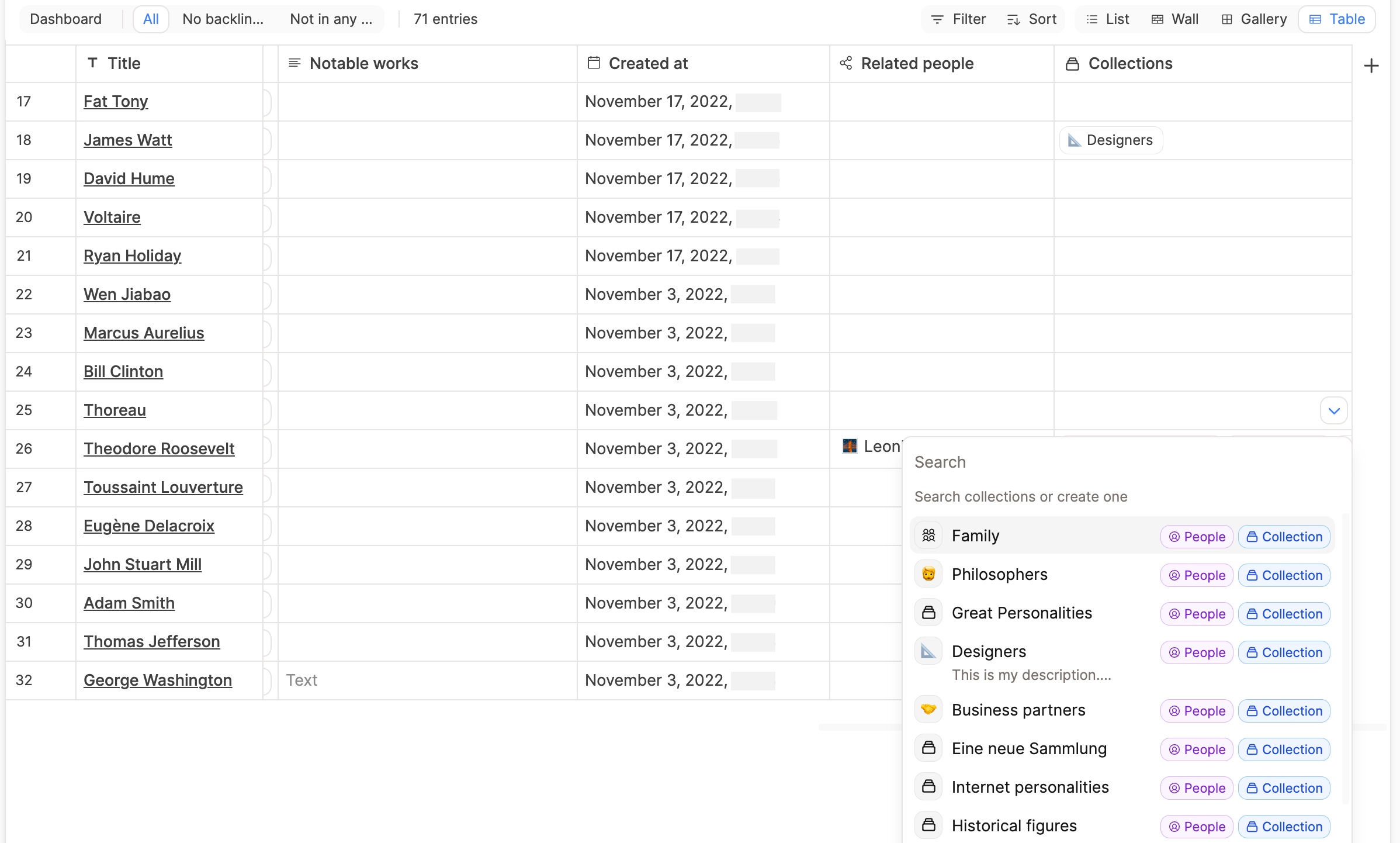 Collections column in table view