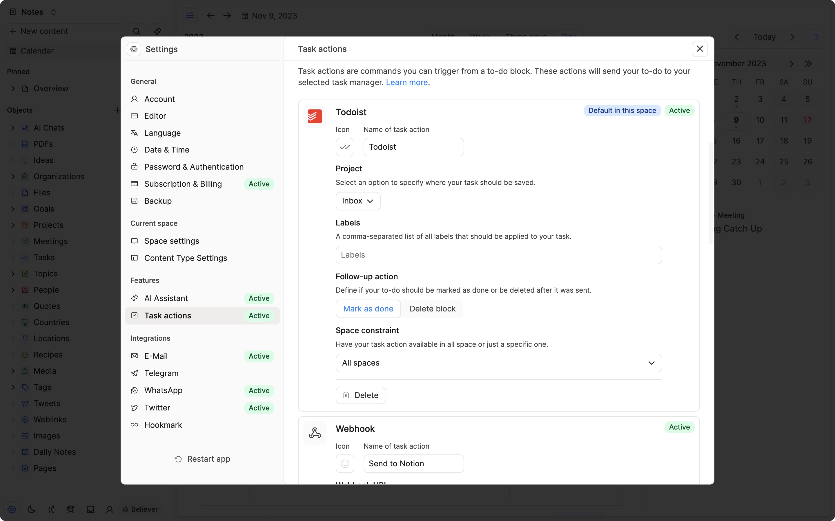 Configuring task action in settings