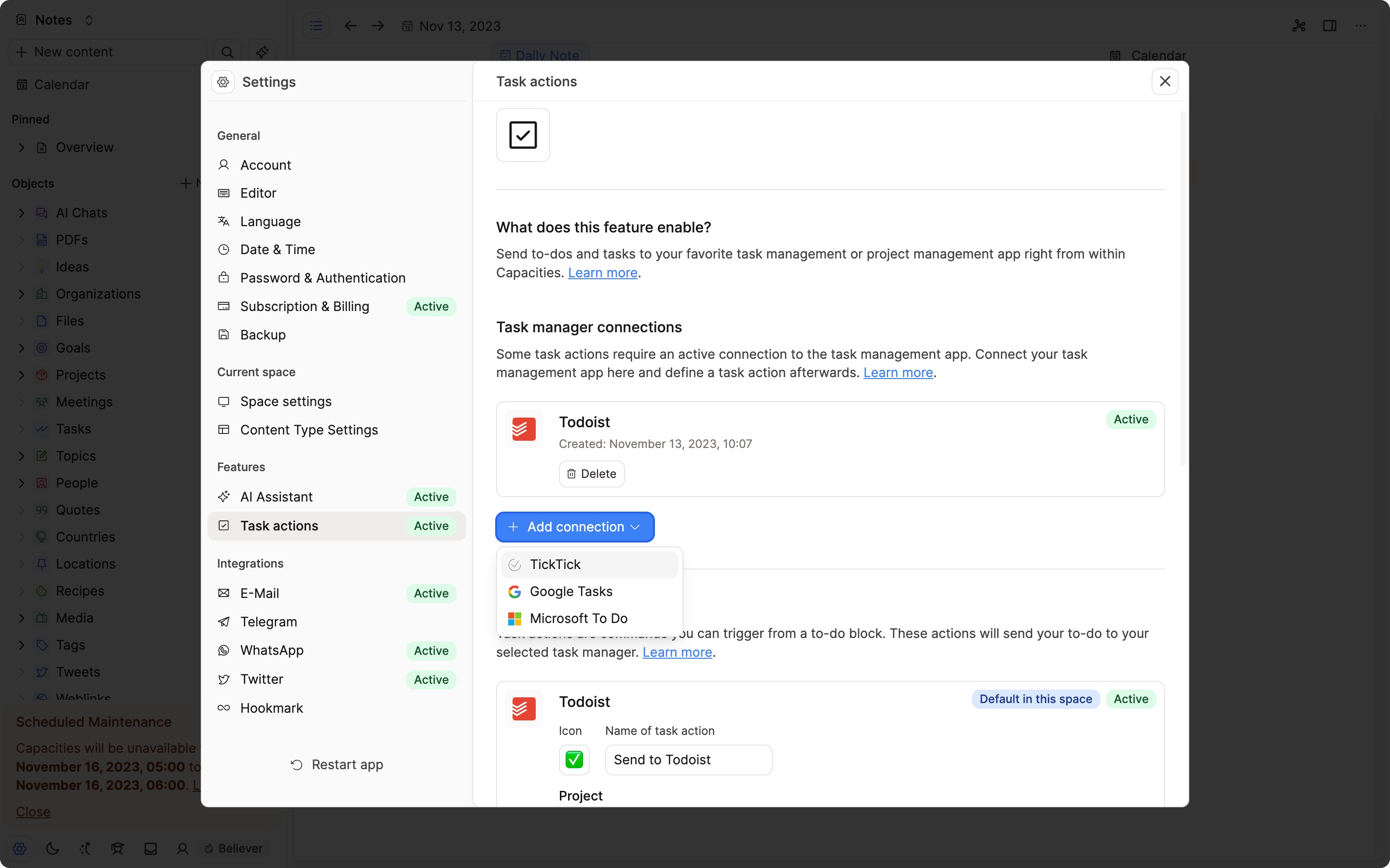 Configure task action connections