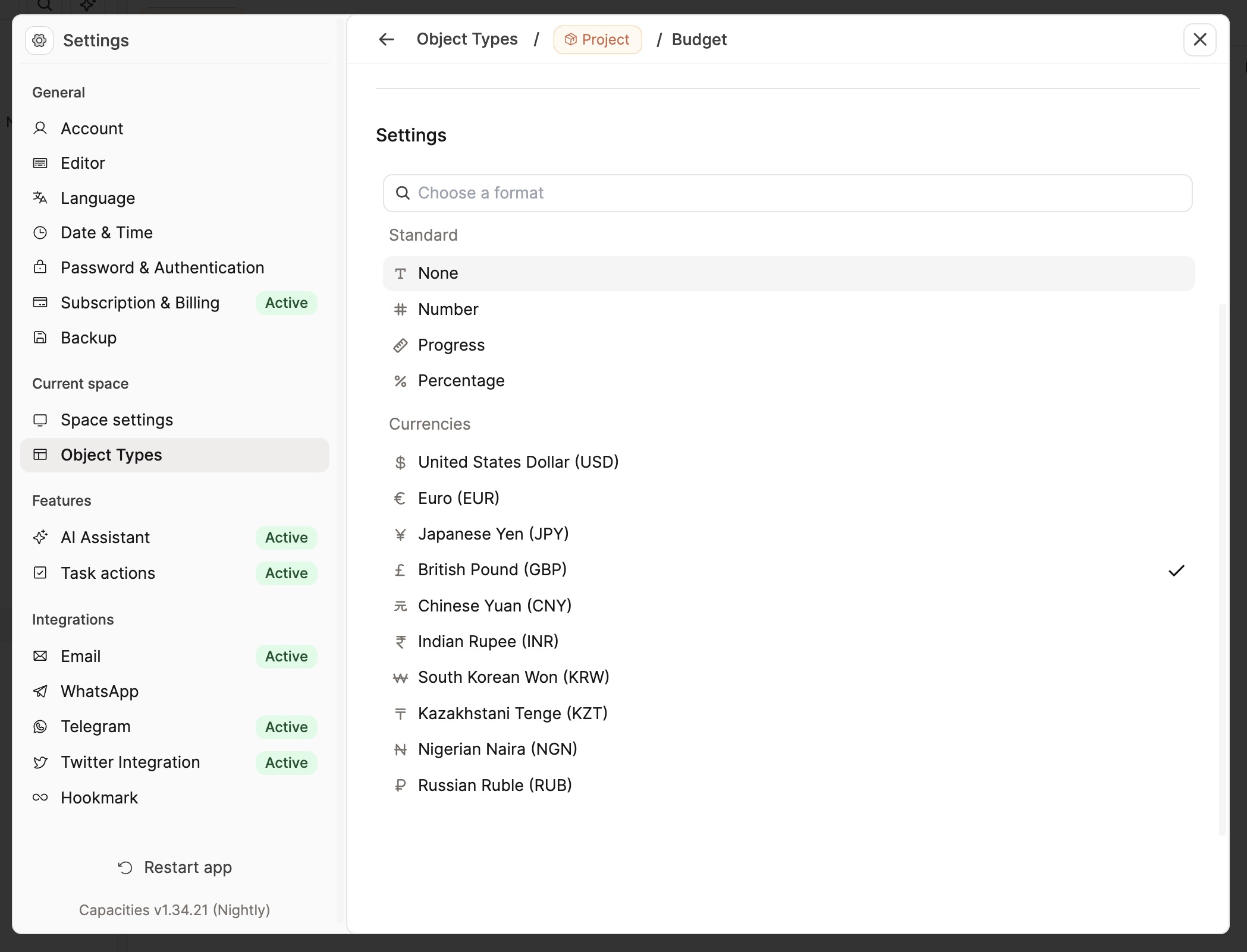 Object type number settings