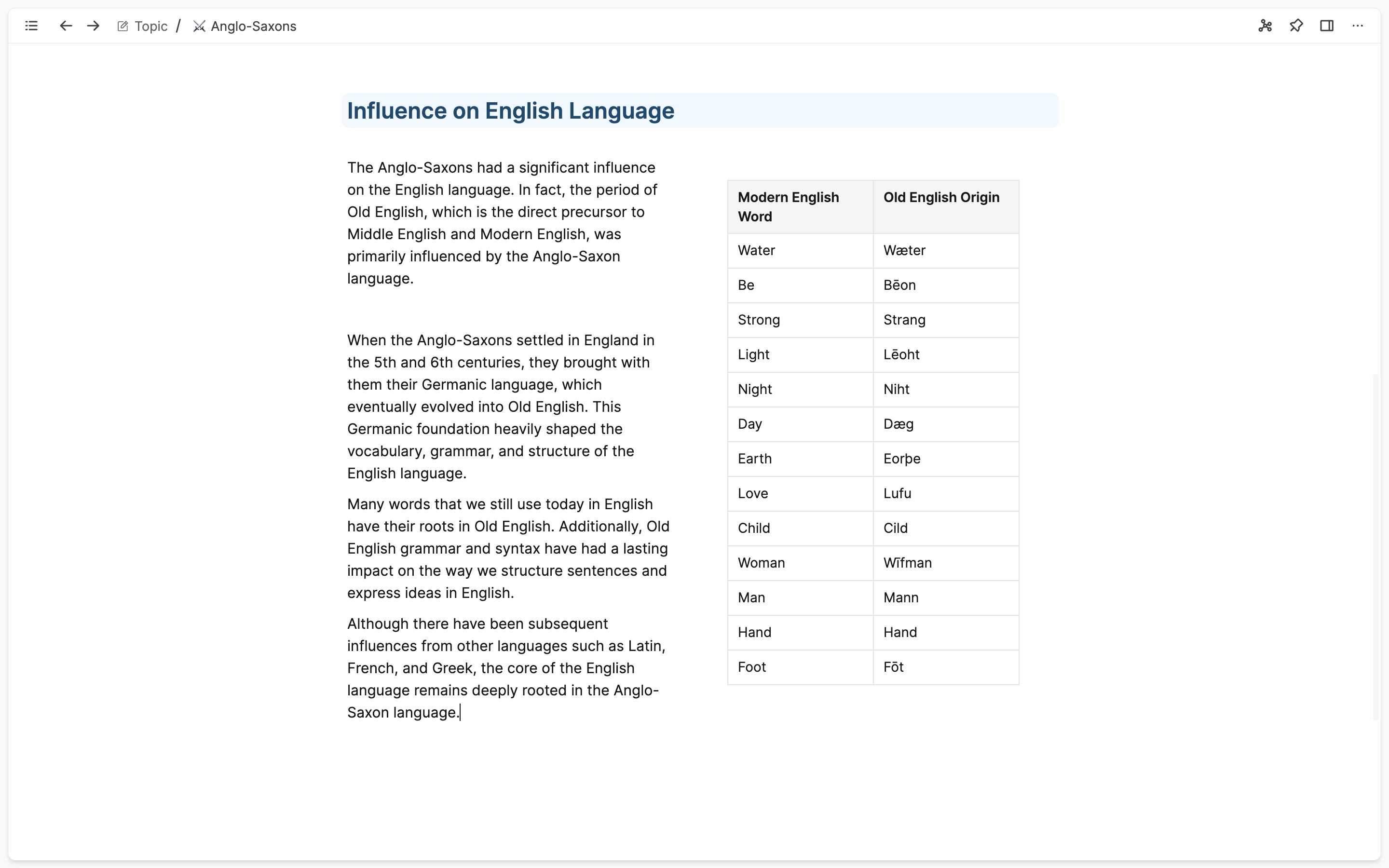 Table in notes