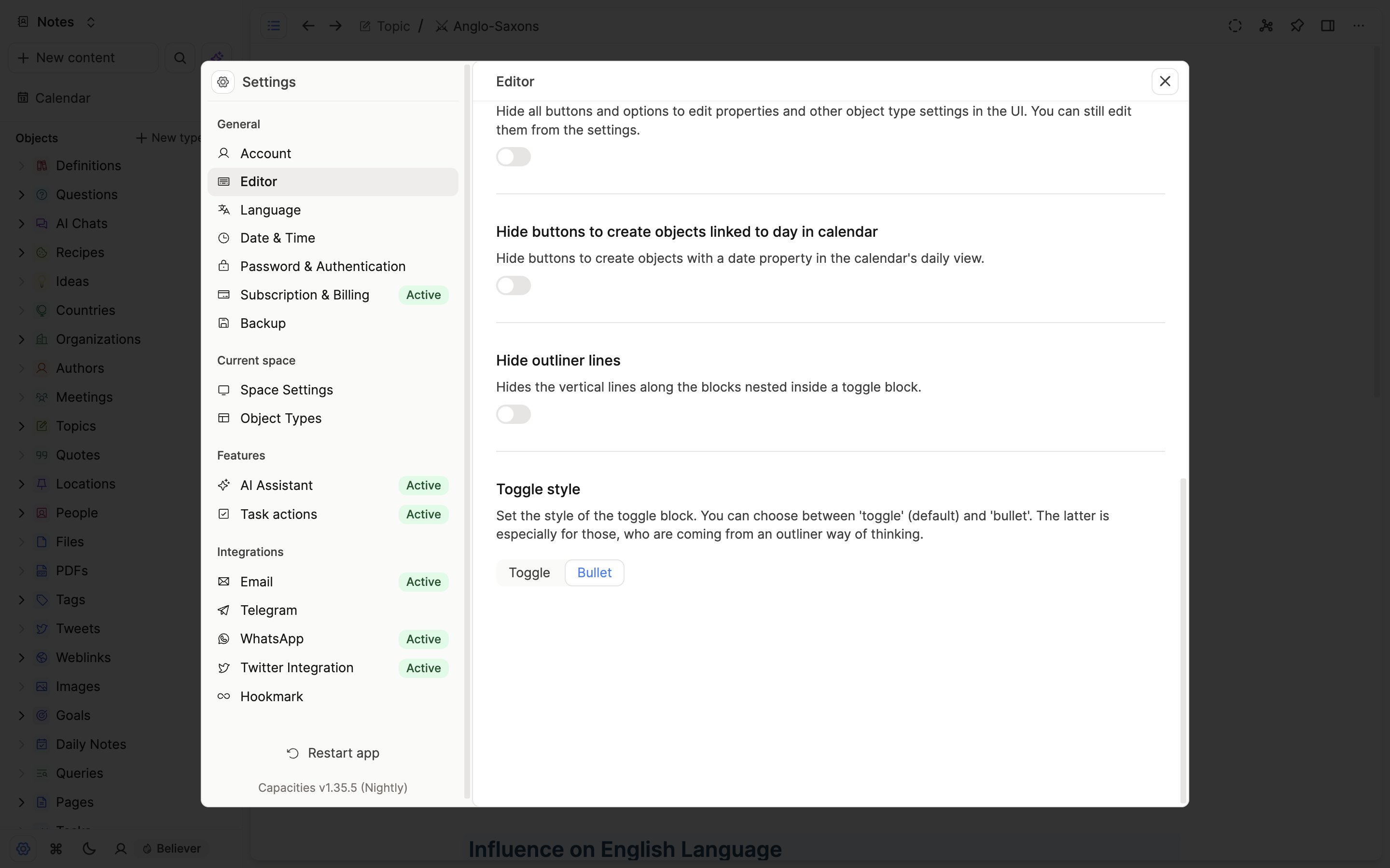 Toggle settings