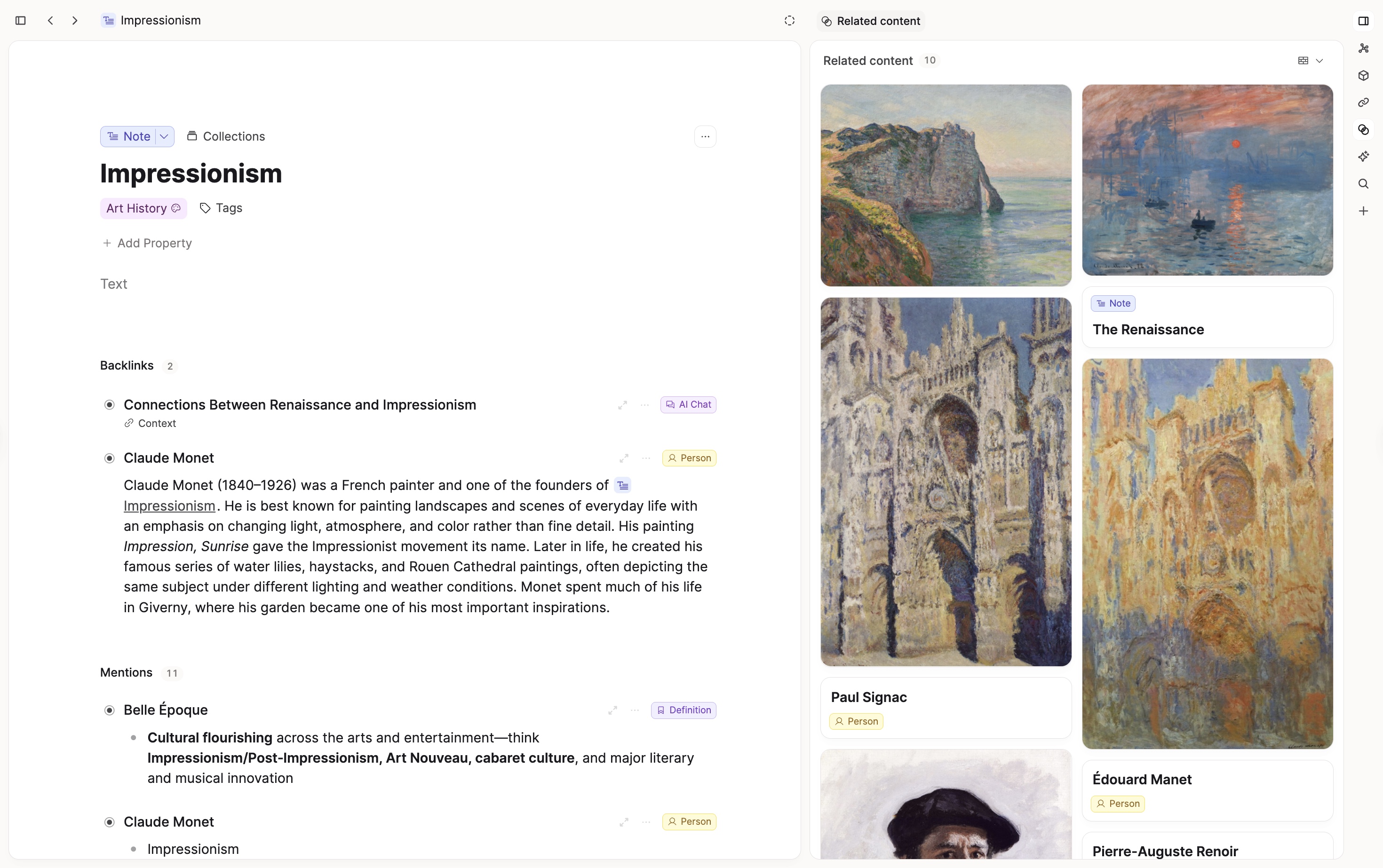 A note on Impressionism with related paintings, notes, and people in the side panel